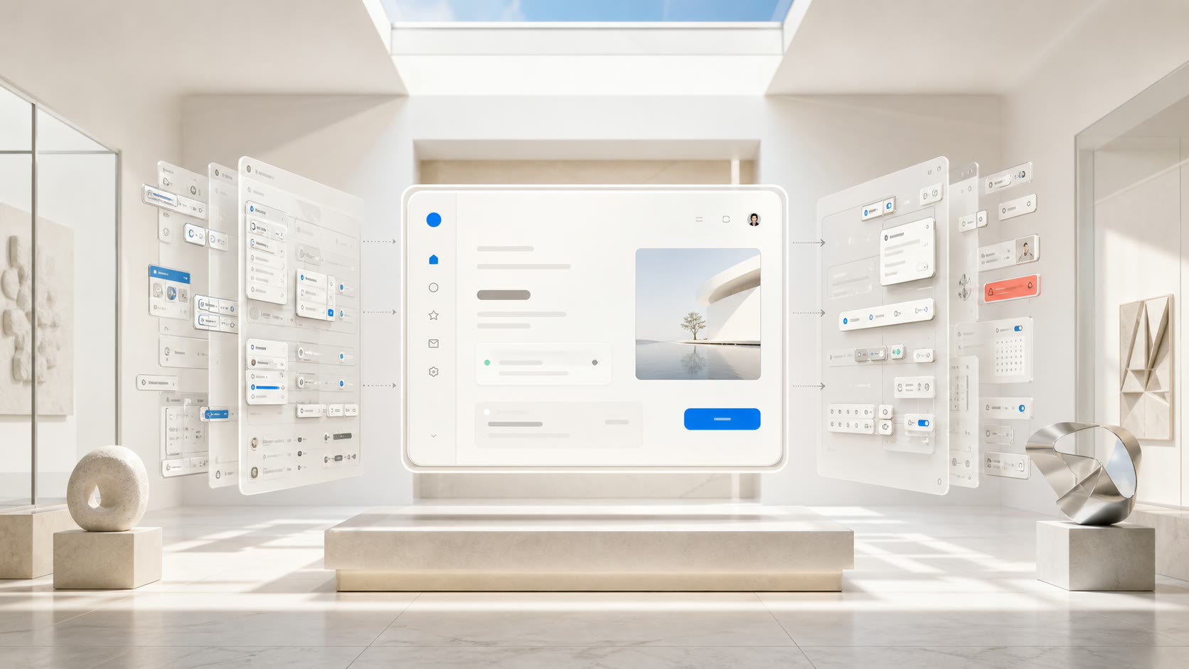 Minimalist interface panels arranged in a bright gallery
