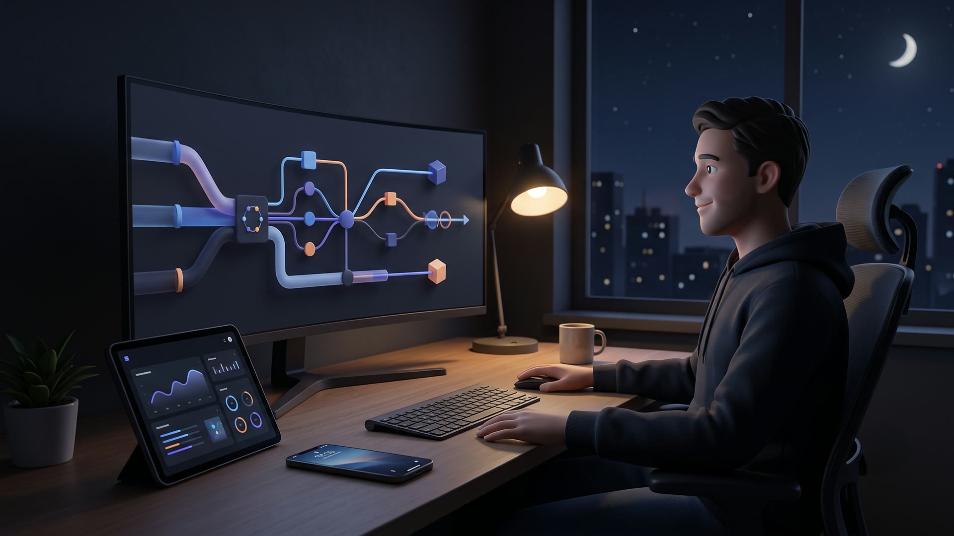 Engineer monitoring a data pipeline at night