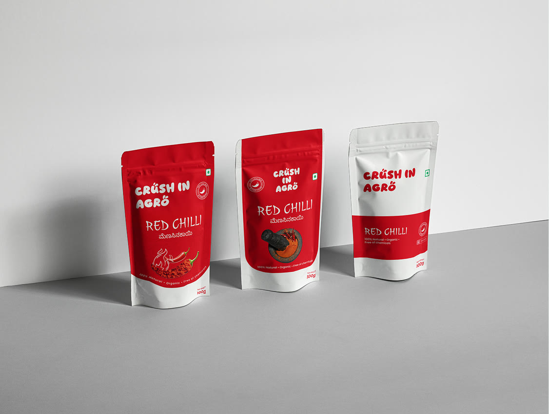 Crush In Agro Red Chilli pouch design - three pack variations in red and white, with English and Kannada type
