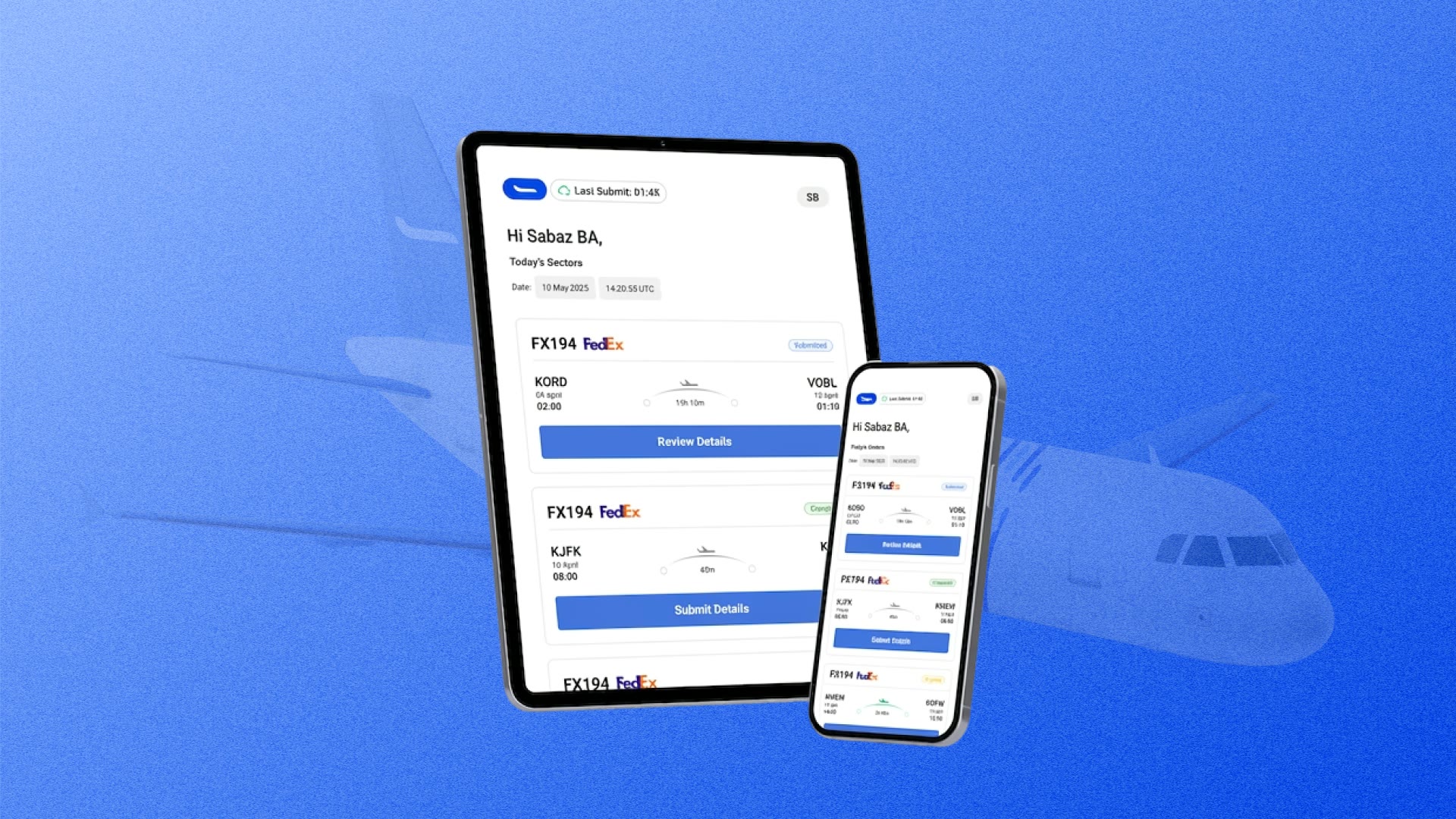 Jetlog flight log app on a tablet and phone