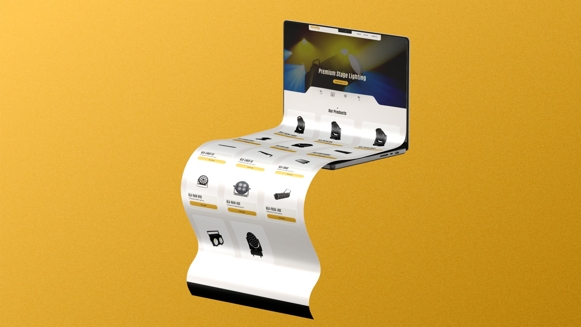 Klarity Lighting product catalogue site shown on a laptop