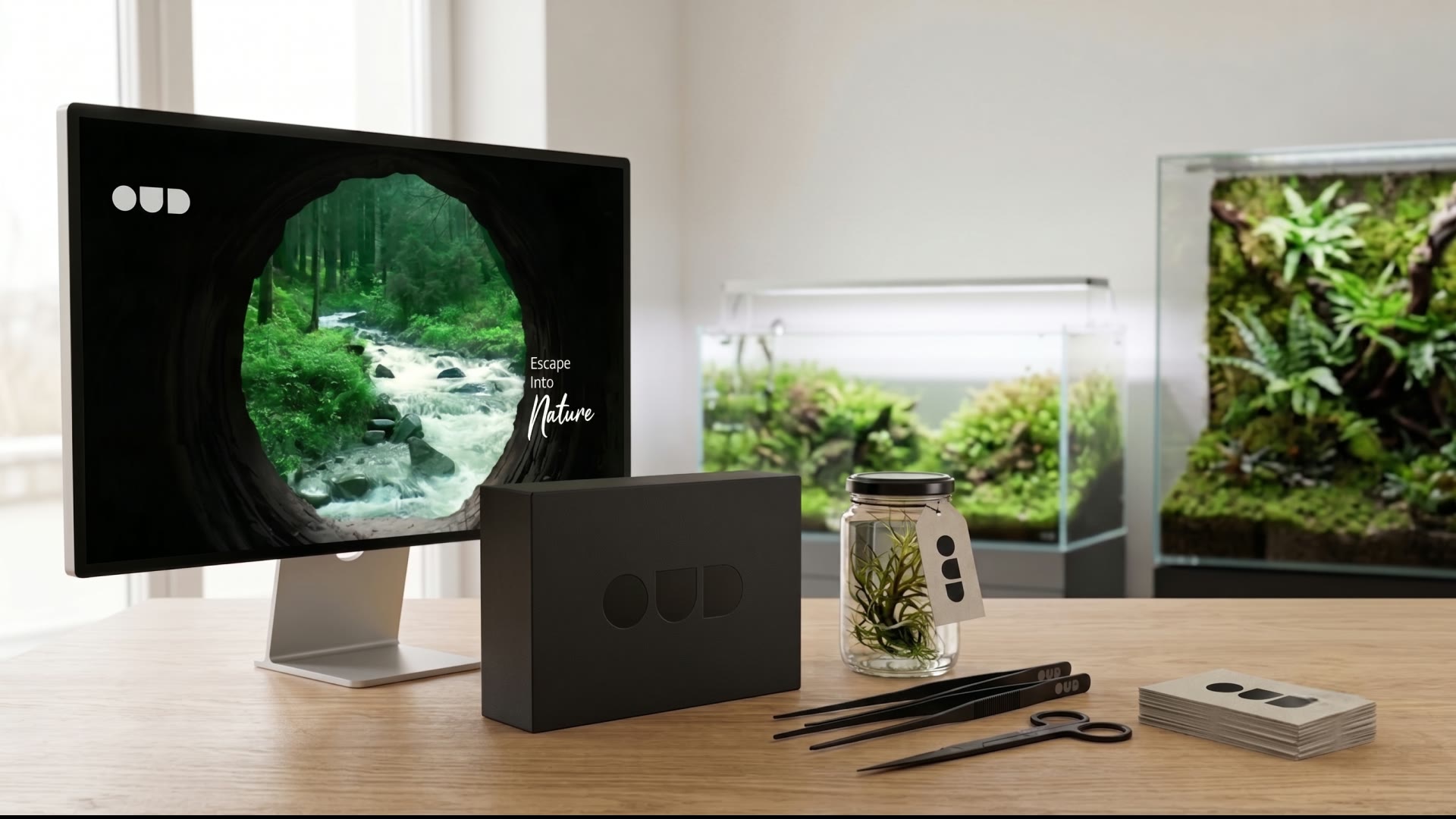 OUD Naturescapes packaging and site shown on a studio desk