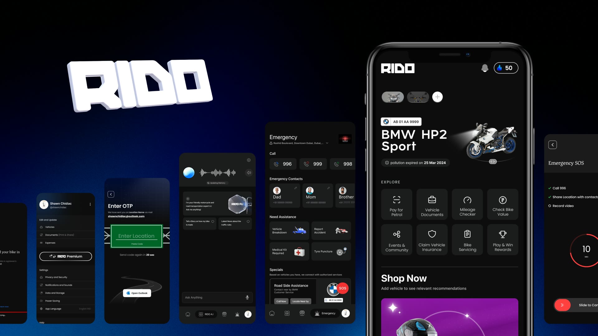 RIDO ONE riders' app screens on phone and tablet