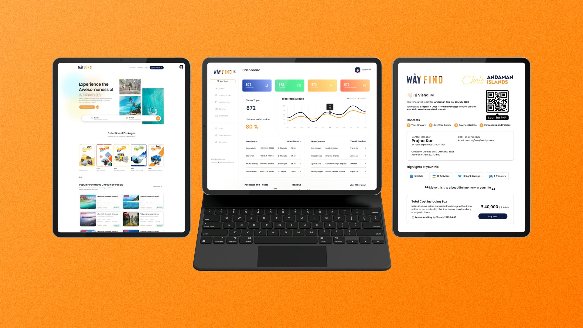 Wayfind Trips website and lead dashboard on tablets